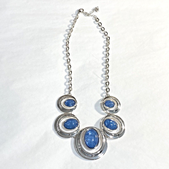 Silver chain fashion necklace collar mod floating blue stone pendants retro chic - Picture 1 of 8